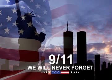 A commemorative 9/11 memorial graphic featuring the Statue of Liberty, Twin Towers, and American flag with "We Will Never Forget" text.